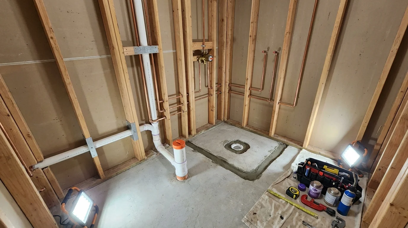 Bathroom rough-in plumbing during remodel by Johns Plumbing LLC in North Haven