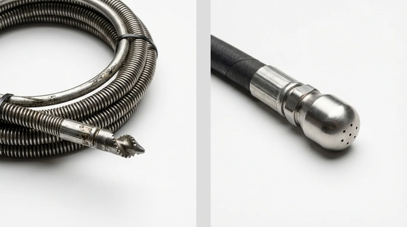 Drain snake cable and hydro jetting nozzle used for drain cleaning in North Haven, CT