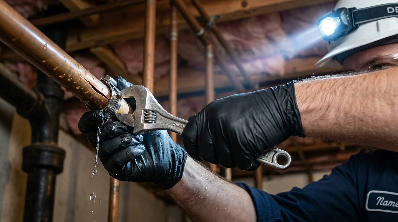 Emergency pipe clamp repair being performed by a Johns Plumbing LLC plumber in North Haven