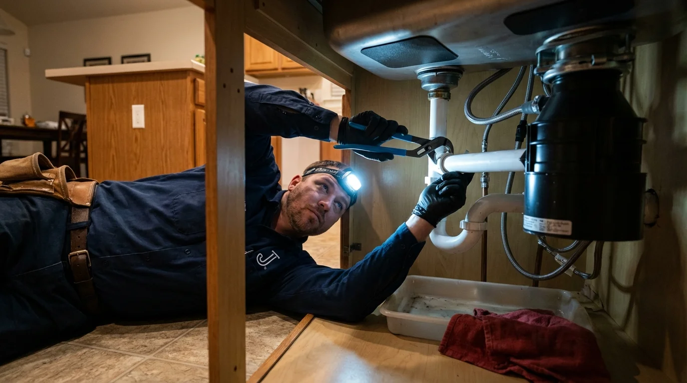 P-trap and supply line connections under a kitchen sink showing a common leak point in North Haven, CT